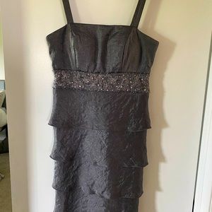 David’s Bridal dark silver tiered dress with embroidery and beading